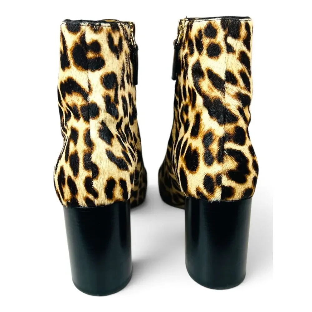 Tory Burch Gigi Leopard Pony Hair Ankle Booties Gold Logo Block Heel Size 8.5